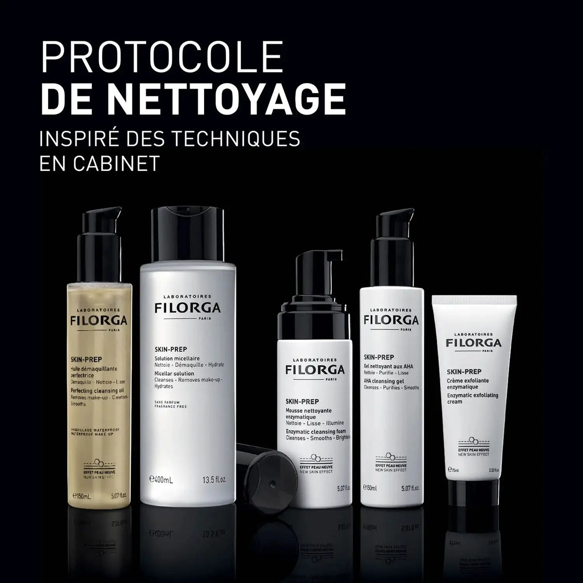 Collection of Filorga skincare products on a black background with text about cleaning protocol.