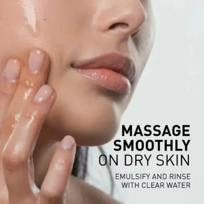Close-up of a person applying a skincare product to their face with text on how to use it.