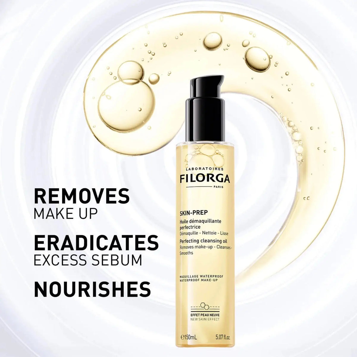 Filorga skincare product with text highlighting its benefits on a white background