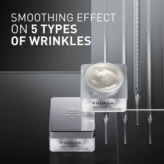Filorga Time Filler 350 cream jar and applicator shown in a dark studio setting with large text reading 'SMOOTHING EFFECT ON 5 TYPES OF WRINKLES'.