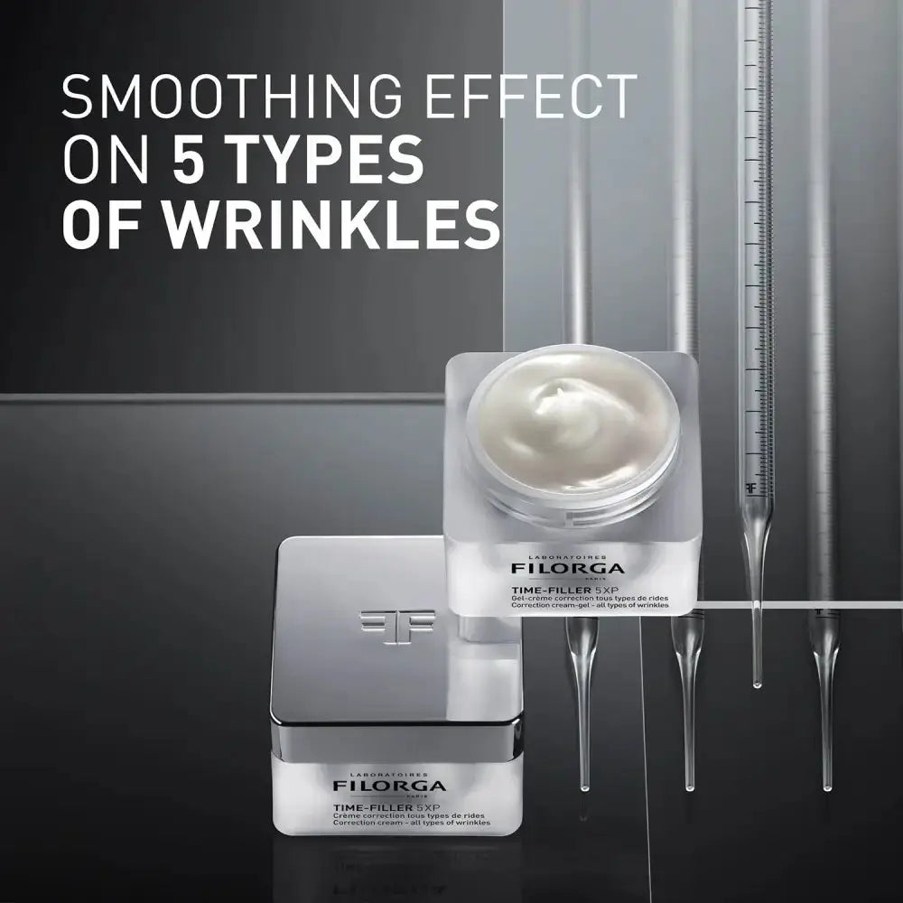 Filorga Time Filler 350 cream jar and applicator shown in a dark studio setting with large text reading 'SMOOTHING EFFECT ON 5 TYPES OF WRINKLES'.