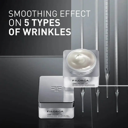Filorga Time Filler 350 cream jar and applicator shown in a dark studio setting with large text reading 'SMOOTHING EFFECT ON 5 TYPES OF WRINKLES'.