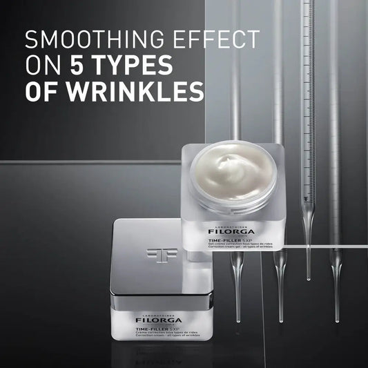 Filorga Time Filler 350 cream jar and applicator shown in a dark studio setting with large text reading 'SMOOTHING EFFECT ON 5 TYPES OF WRINKLES'.