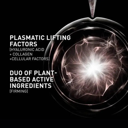 Black promotional graphic with white text reading 'PLASMATIC LIFTING FACTORS' and 'DUO OF PLANT-BASED ACTIVE INGREDIENTS [FIRMING]', alongside a large glossy droplet containing a glowing fibrous network on a black background.