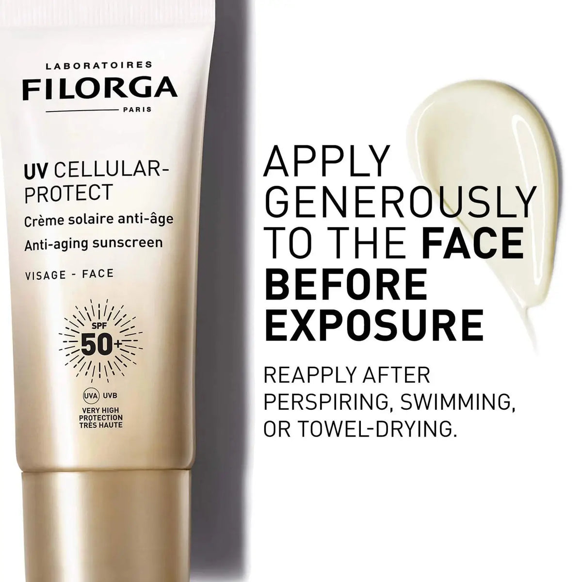 Filorga UV Cellular Protect sunscreen tube with application instructions on a white background