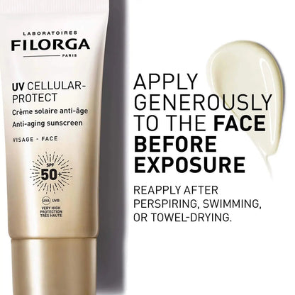 Filorga UV Cellular Protect sunscreen tube with application instructions on a white background