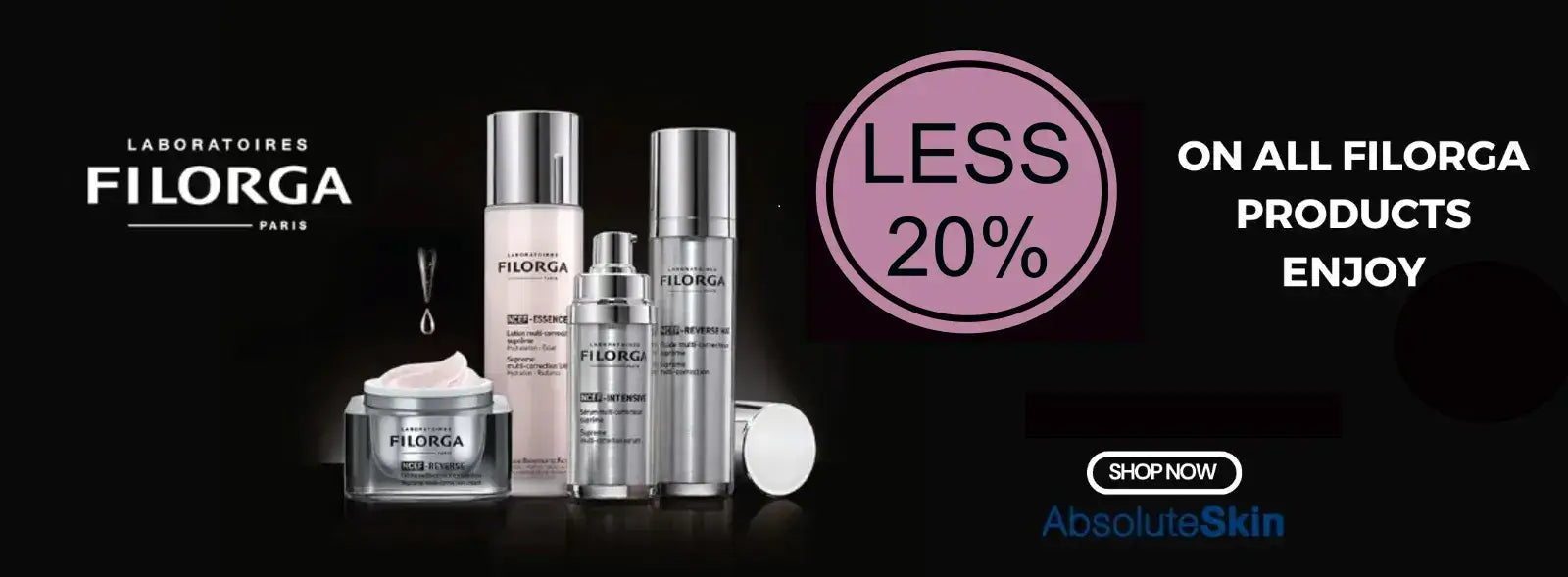 Filorga skincare products displayed on a black background with promotional text. The products include a cream jar, a tall serum bottle, a smaller bottle, and a tube, all in silver and white packaging.