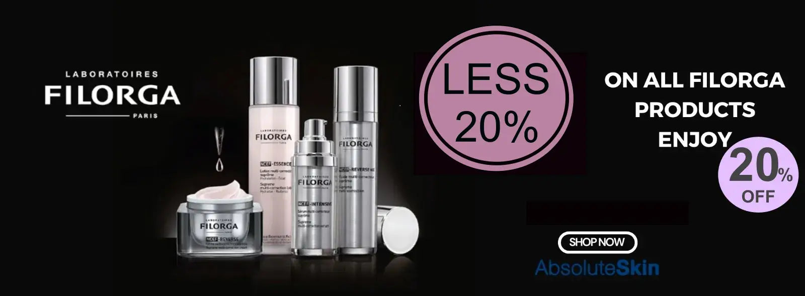 Filorga skincare products displayed on a black background with promotional text. The products include silver and white bottles, a jar with cream, and a white cap.