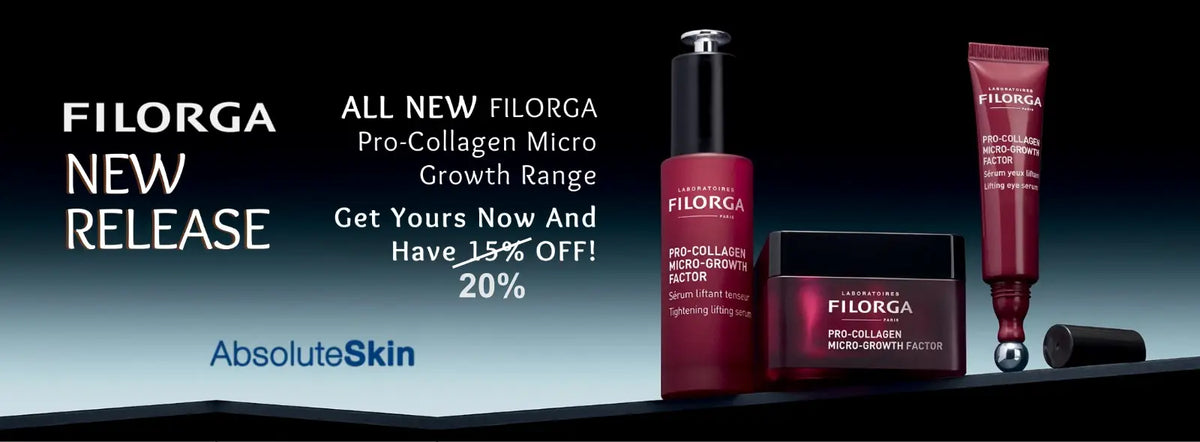 Filorga Pro-Collagen Micro-Growth Range promotional banner featuring a red serum bottle, cream tube, and black jar on a dark gradient background with text offering 15% off.