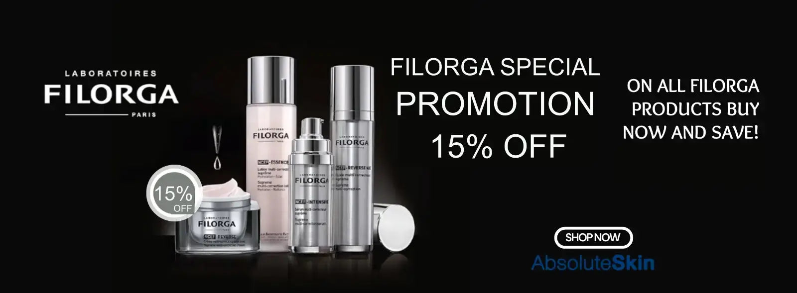 Filorga skincare products with promotional text on a black background