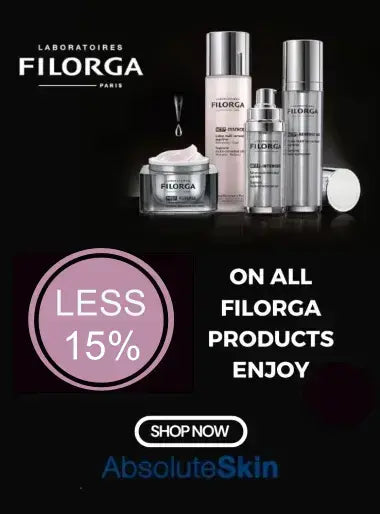 Filorga skincare promotional graphic on a black background, showing several Filorga products including a cream jar, serum bottles, and a pump bottle. Large text reads 'LESS 15%' in a pink circle and 'ON ALL FILORGA PRODUCTS ENJOY' with a 'SHOP NOW' button and 'AbsoluteSkin' branding.