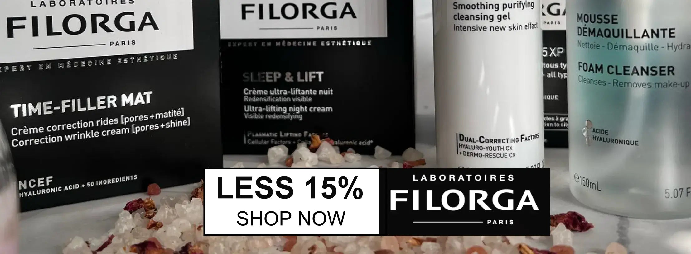 Filorga skincare products with promotional text overlay