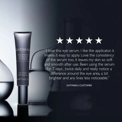 A tube of GATINEAU Age Benefice Advanced Eye Serum stands on a reflective surface against a dark studio background, with a customer review quote and five stars overlaid on the right side.