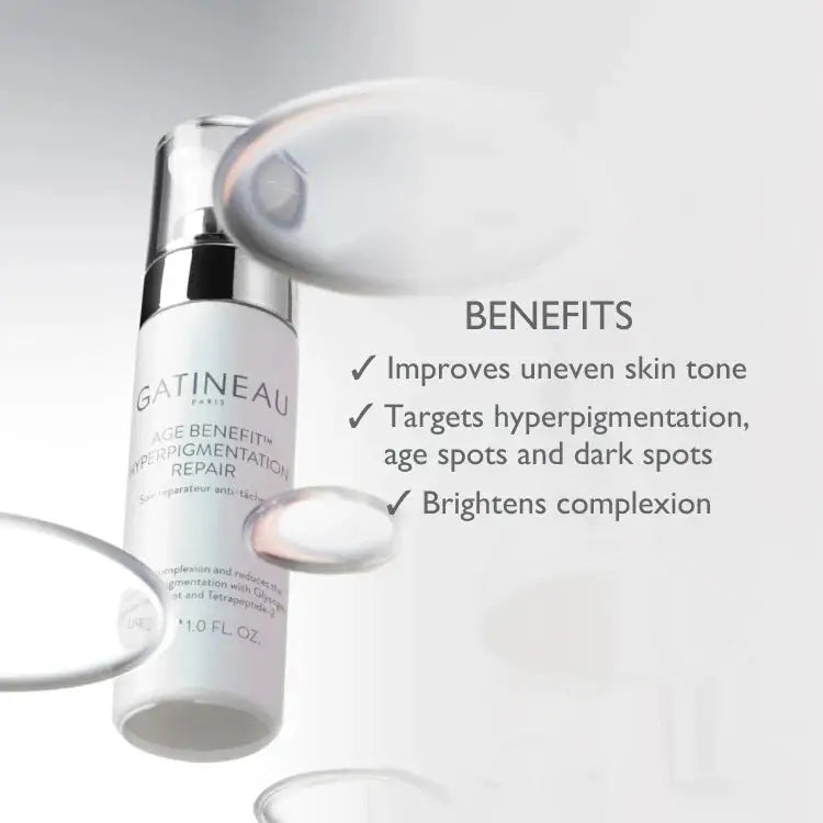 A skincare pump bottle labeled GATINEAU Age Benefiti Hyperpigmentation Repair, shown on a clean light gray background with floating translucent oval graphics and text listing benefits.