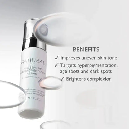 A skincare pump bottle labeled GATINEAU Age Benefiti Hyperpigmentation Repair, shown on a clean light gray background with floating translucent oval graphics and text listing benefits.