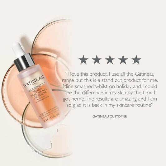 A bottle of Gatineau Age Benefici Youth Revitalizing Serum placed on a peach-toned circular tray, with a customer review quote and five stars beside it on a light cream background.