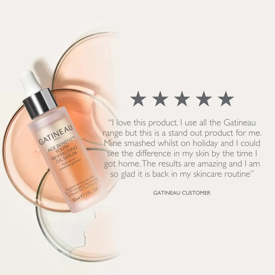 A bottle of Gatineau Age Benefici Youth Revitalizing Serum placed on a peach-toned circular tray, with a customer review quote and five stars beside it on a light cream background.