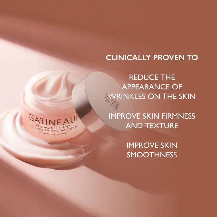 Gatineau Collagen Expert Cream Smoothening Cream jar with its lid off, showing the cream swirl inside, set against a warm peach-brown background with white text detailing product benefits.