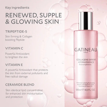 Gatineau Collagen Expert Hydra Essence skincare bottle in soft pink with a silver cap, shown beside key ingredients text on a pale pink background with bubble graphics.
