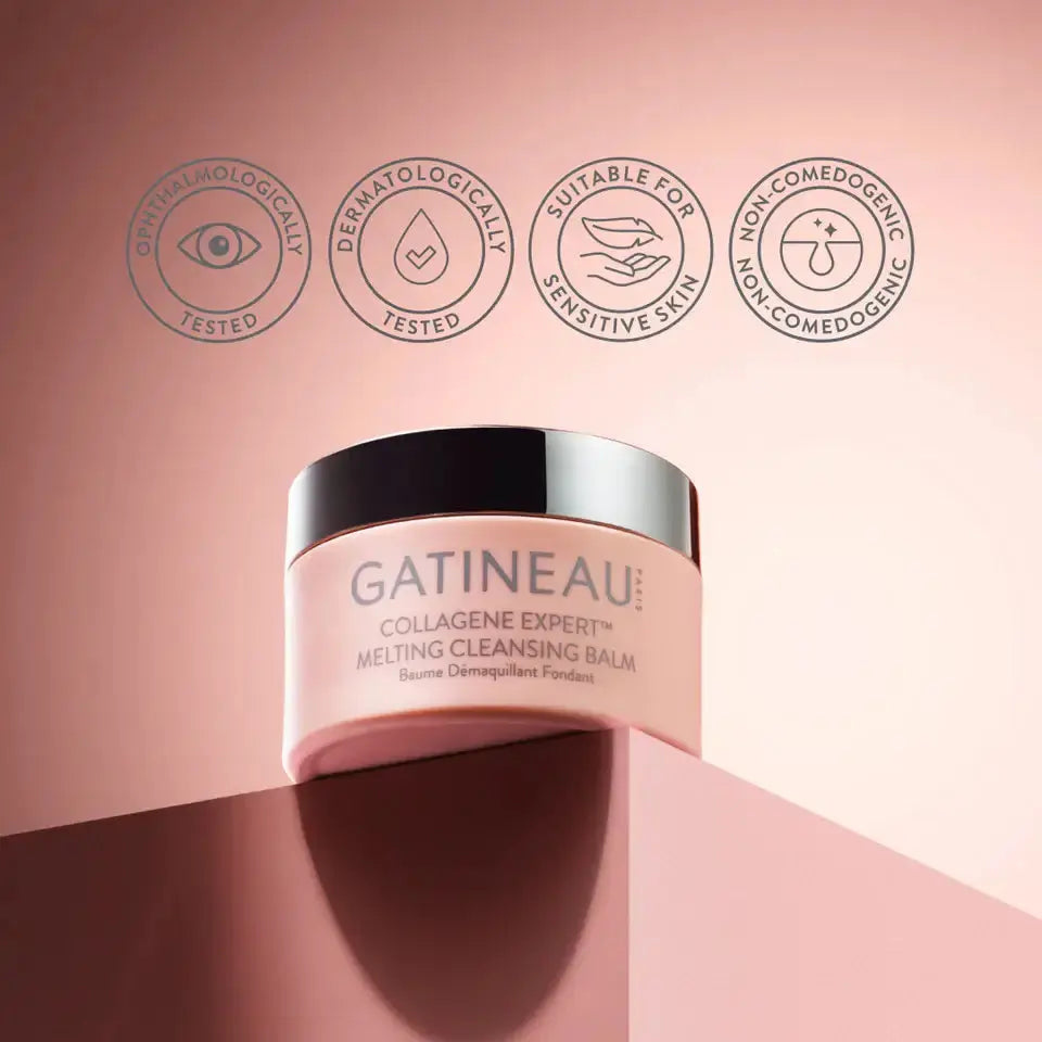 Gatineau Collagene Expert Melting Cleansing Balm on a pink background with brand icons.