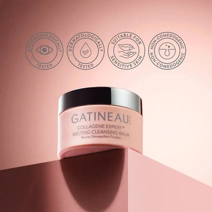 Gatineau Collagene Expert Melting Cleansing Balm on a pink background with brand icons.