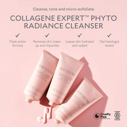 Three pink tubes of Gatineau Collagen Expert Phyto Radiance Cleanser arranged on a soft pink background with marketing text above and certification logos in the lower right.