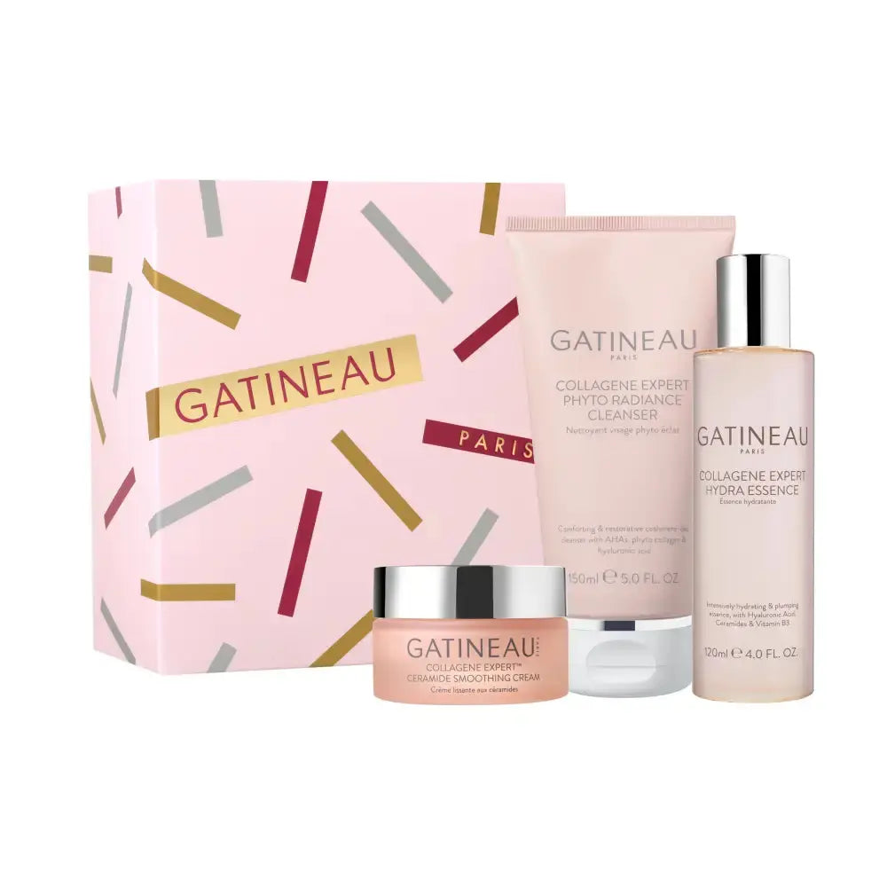 Gatineau skincare product set including cleanser, essence, cream, and packaging on a white background