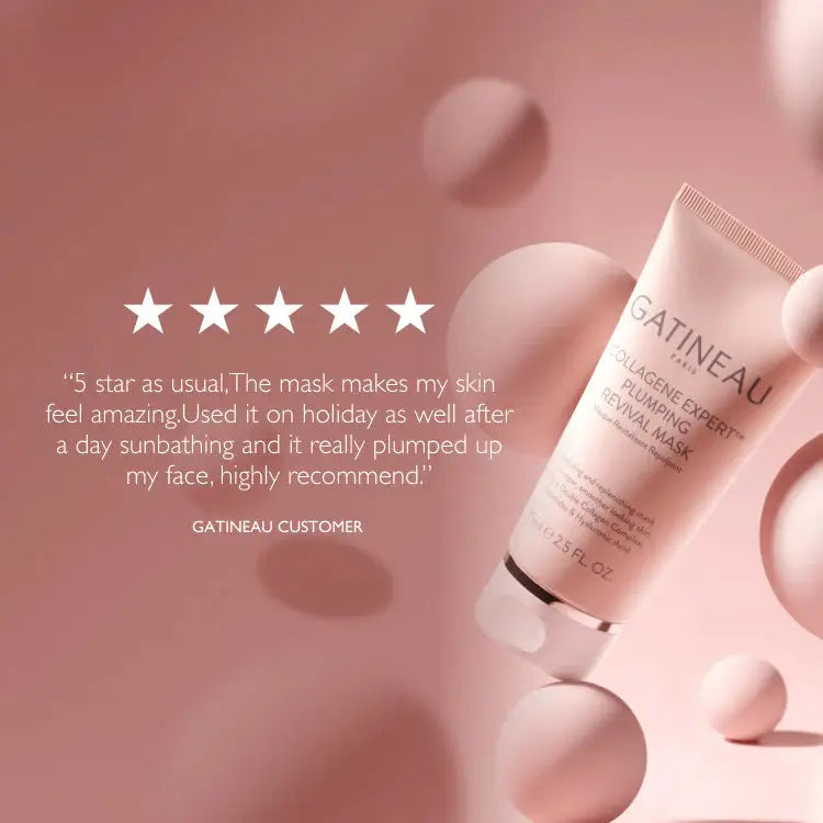 A tube of Gatineau Paris Collagen Expert Asuming Facial Mask is shown on a soft pink background with floating spheres and a customer review overlay.