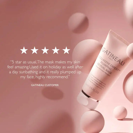 A tube of Gatineau Paris Collagen Expert Asuming Facial Mask is shown on a soft pink background with floating spheres and a customer review overlay.
