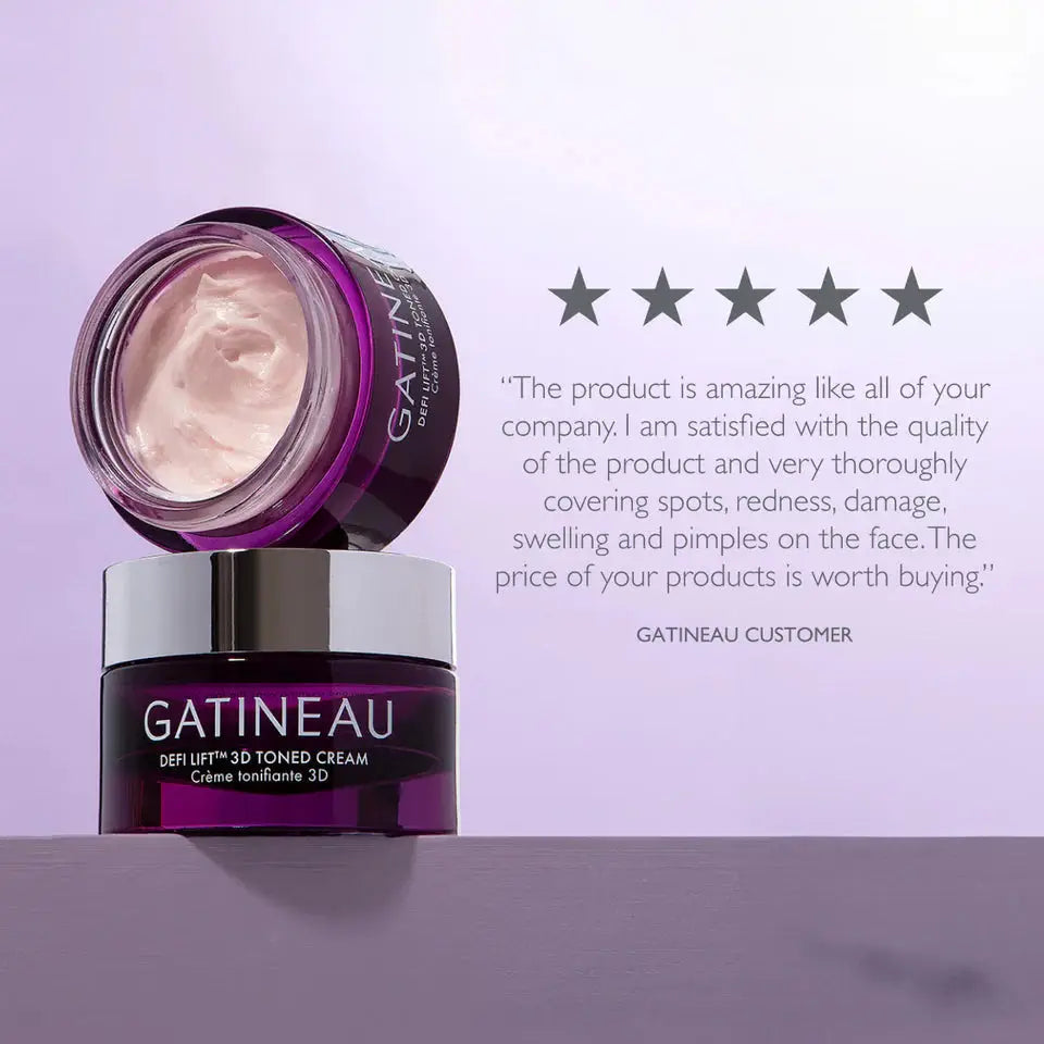 A jar of Gatineau DerLift 3D Toned Cream shown open with the lid resting beside it on a purple surface against a lavender background. A customer quote and five stars appear to the right.