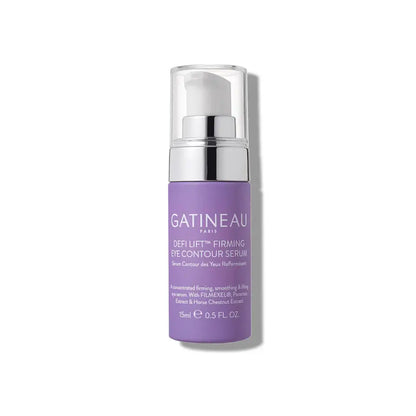Gatineau Eye Contour Serum in a lavender purple pump bottle with a silver pump and clear cap, shown on a white background.