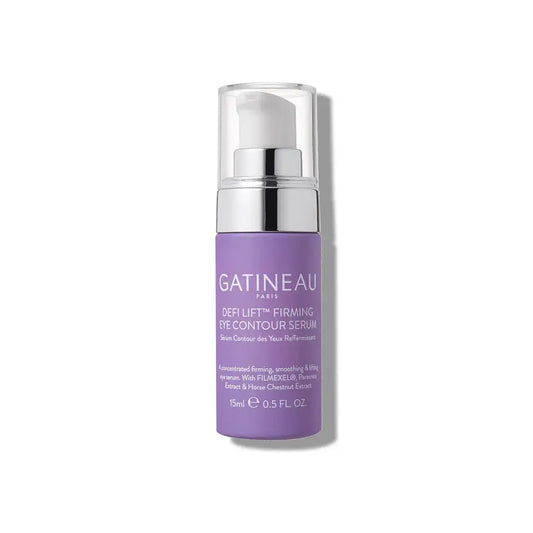 Gatineau Eye Contour Serum in a lavender purple pump bottle with a silver pump and clear cap, shown on a white background.