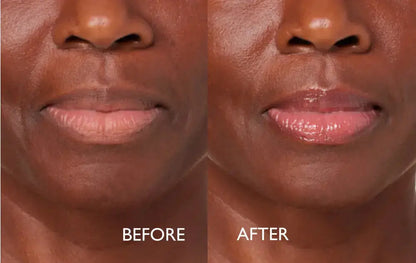 Close-up before-and-after comparison of a person's lower face and lips, showing a lip tint or makeup application. The left side is labeled BEFORE and shows natural lips, while the right side is labeled AFTER and shows a glossy pink lip color.
