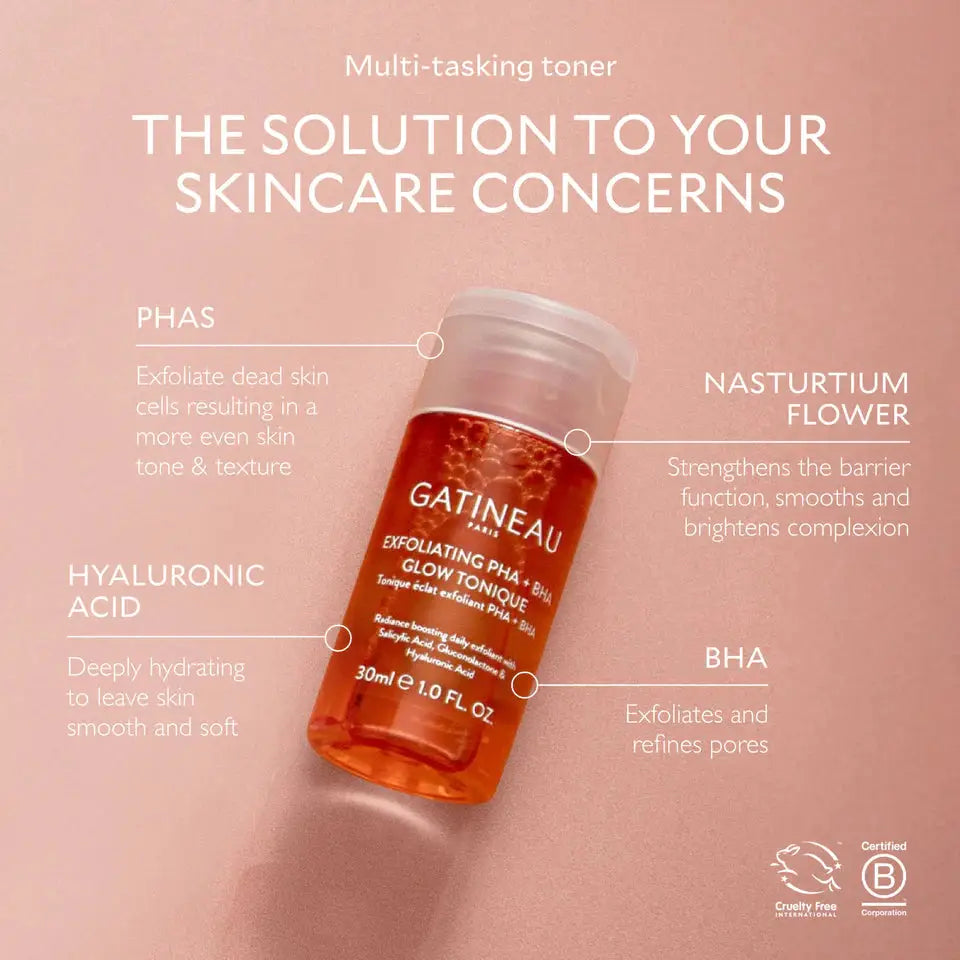 Gatineau Multi-tasking Toner bottle shown on a soft pink background with callout text describing key ingredients and benefits: PHAS, Nasturtium Flower, Hyaluronic Acid, and BHA.