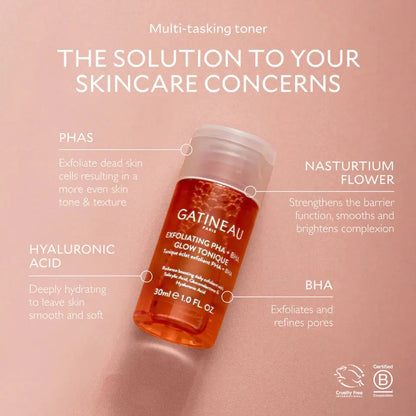 Gatineau Multi-tasking Toner bottle shown on a soft pink background with callout text describing key ingredients and benefits: PHAS, Nasturtium Flower, Hyaluronic Acid, and BHA.