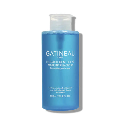 A 500ml bottle of Gatineau Paris Floracil Gentle Eye Makeup Remover, featuring a translucent blue bottle and a clear plastic cap, set against a plain white background.