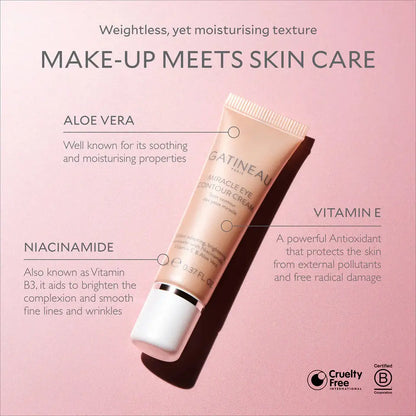Gatineau eye cream tube with ingredients and benefits on a pink background