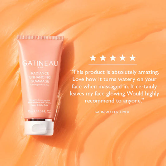 A squeeze tube of Gatineau Paris Radiance Enhancing Gommade on a peach-orange textured background, with a customer quote and five stars printed to the right.