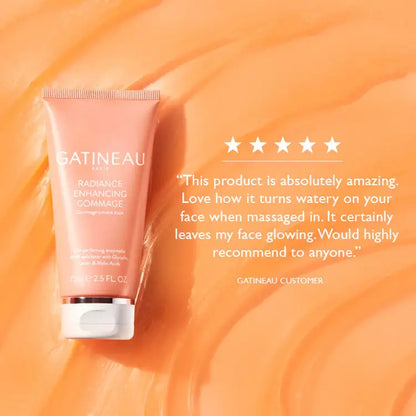 A squeeze tube of Gatineau Paris Radiance Enhancing Gommade on a peach-orange textured background, with a customer quote and five stars printed to the right.