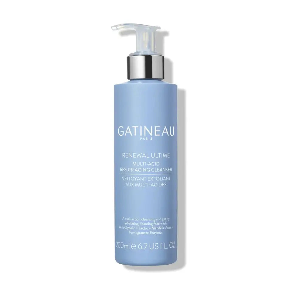 A bottle of Gatineau Paris Renewal Ultimate Multi-Acid Resurfacing Cleanser, featuring a light blue bottle with a silver pump dispenser, set against a plain white background with a soft shadow.