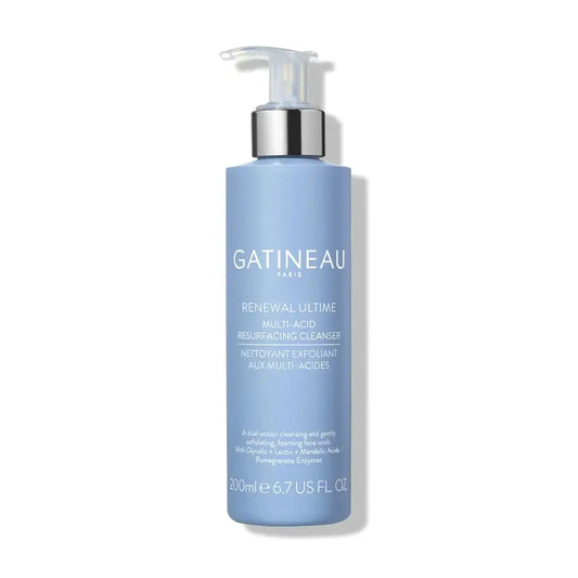 A bottle of Gatineau Paris Renewal Ultimate Multi-Acid Resurfacing Cleanser, featuring a light blue bottle with a silver pump dispenser, set against a plain white background with a soft shadow.