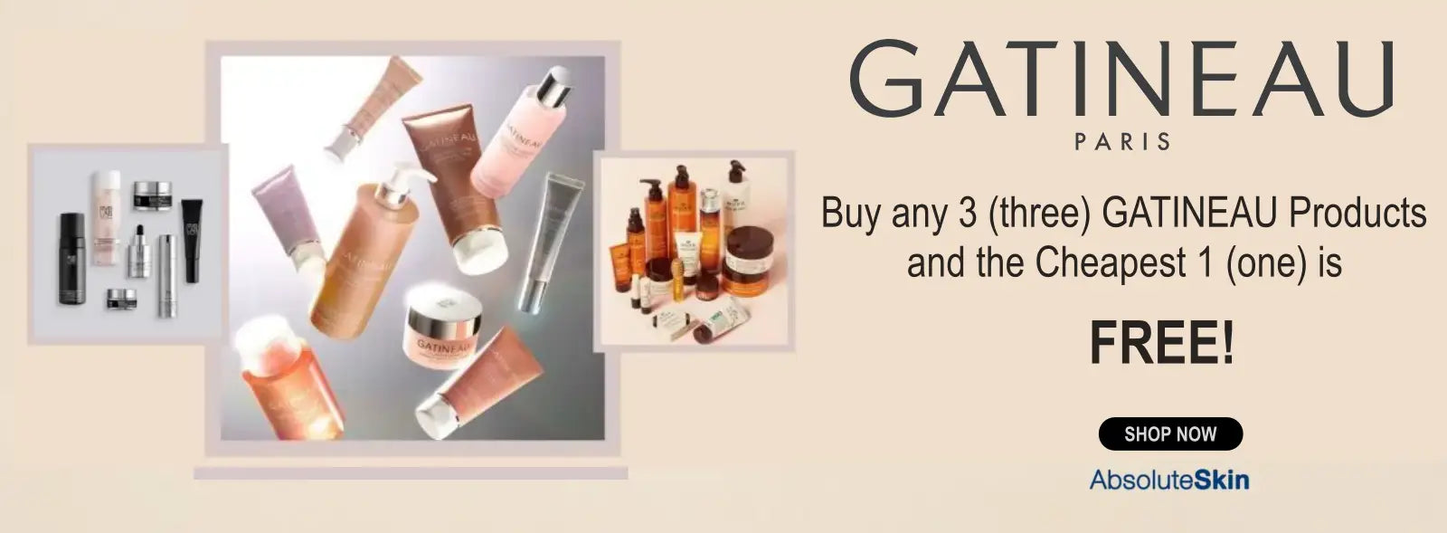 Promotional banner for Gatineau Paris skincare products, featuring floating cosmetic bottles and tubes on a beige background with text offering a free product when buying three.