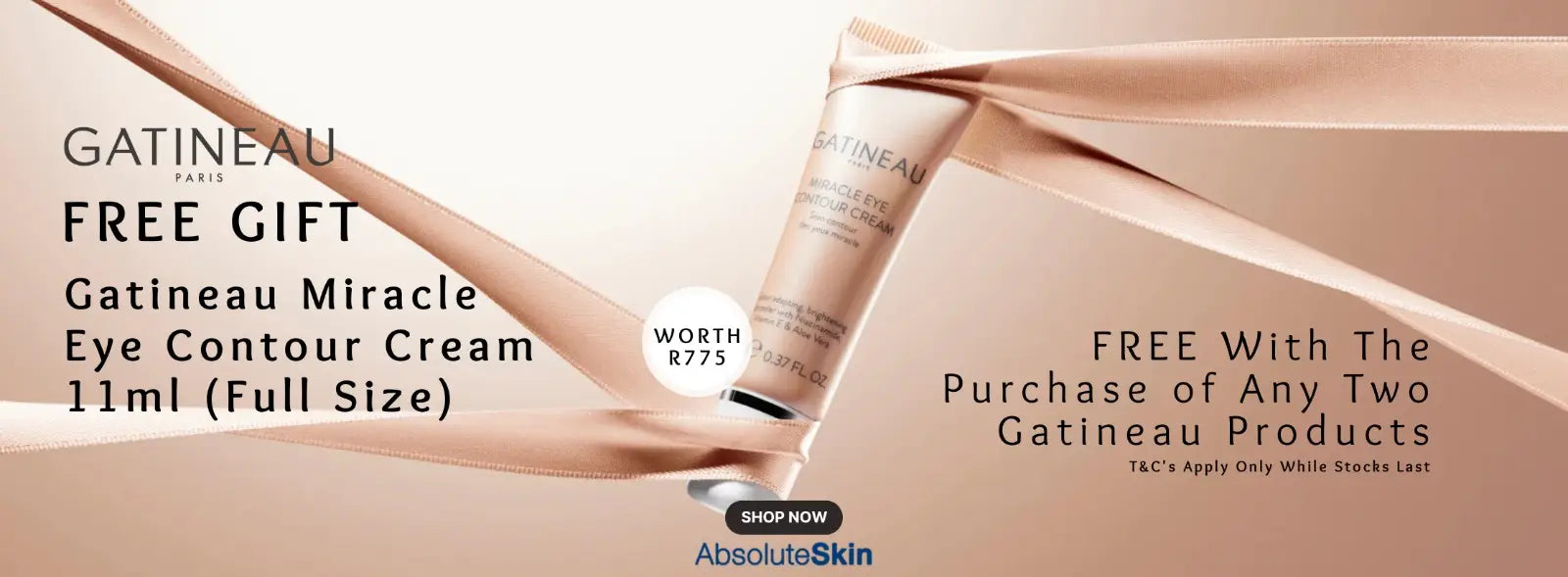 Promotional banner for Gatineau Paris Free Gift of Gatineau Miracle Eye Contour Cream 11ml (Full Size), showing a beige cream tube wrapped in a satin ribbon against a warm beige background, with text offering free gifts with any two Gatineau Products.