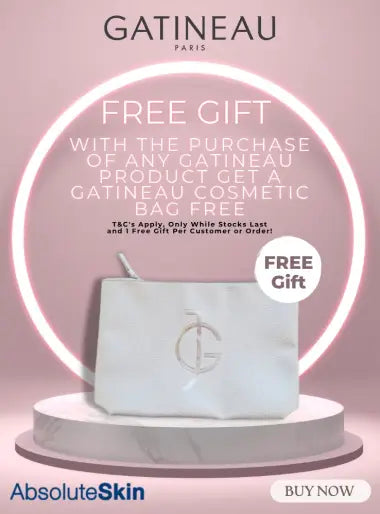Gatineau promotional offer with a free cosmetic bag on a pink background