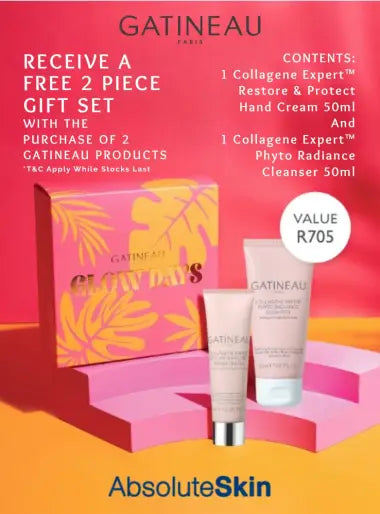 Gatineau Paris Collagen Days gift set advertisement featuring a pink and yellow box, a hand cream tube, and a cleanser tube on pink display blocks, with promotional text and an AbsoluteSkin logo.
