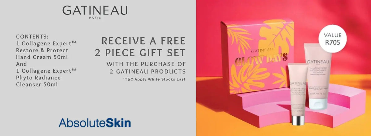 Promotional banner for Gatineau Paris AbsoluteSkin collaboration, featuring a pink and orange gift set with two skincare tubes and a box on the right, alongside product details and a 'VALUE R705' badge on the left.