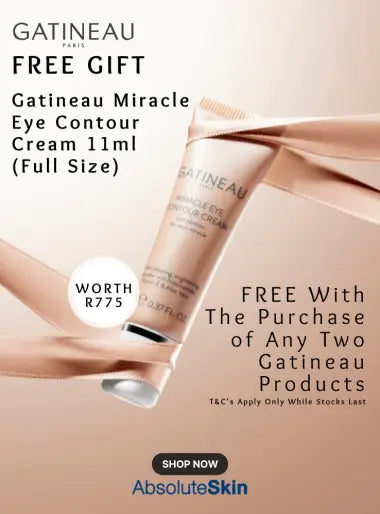 Promotional ad for Gatineau Paris eye contour cream, showing a tube of the cream wrapped in a beige ribbon against a soft beige background, with text offering a free gift with any two Gatineau products and a Shop Now badge for AbsoluteSkin.