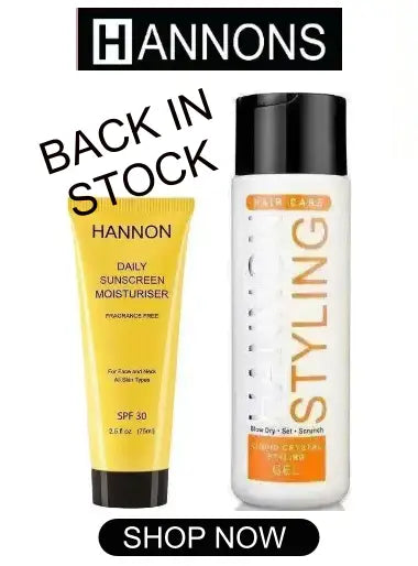 Hannon skincare products including a yellow tube and a white bottle on a white background with 'Hannons' branding.