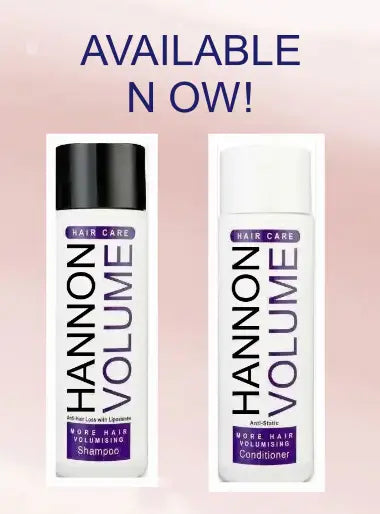 Hannon Volume shampoo and conditioner bottles on a pink background with 'Available Now!' text.