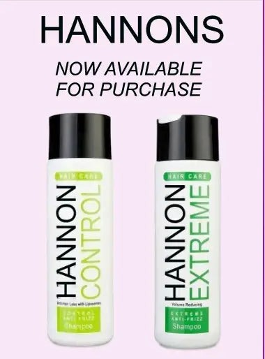 Two Hannon's hair care bottles on a light pink background with promotional text reading 'HANNONS NOW AVAILABLE FOR PURCHASE.' The bottles are white with black caps and green-and-white labels; one label says Hair Care Control and the other says Hair Care Extreme.